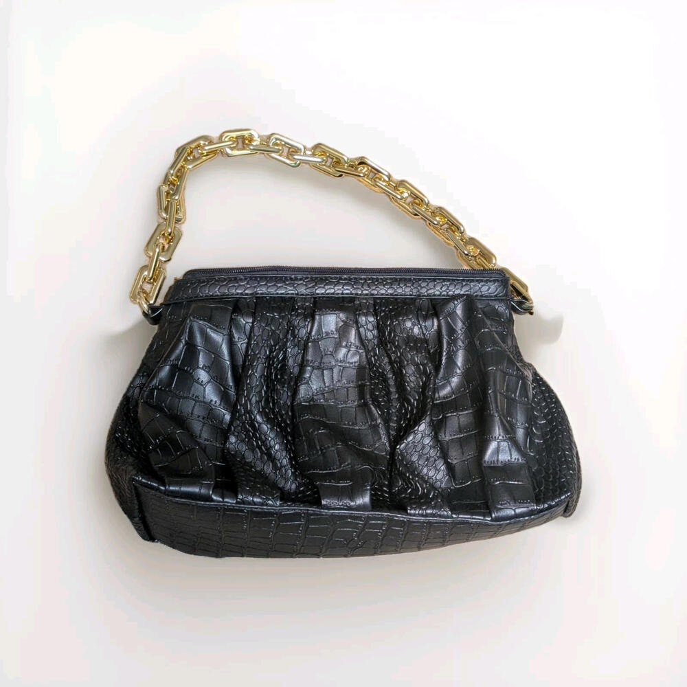Black Croc Embossed Purse Gold Tone Chain JustFab Bag New With‎ Tag
